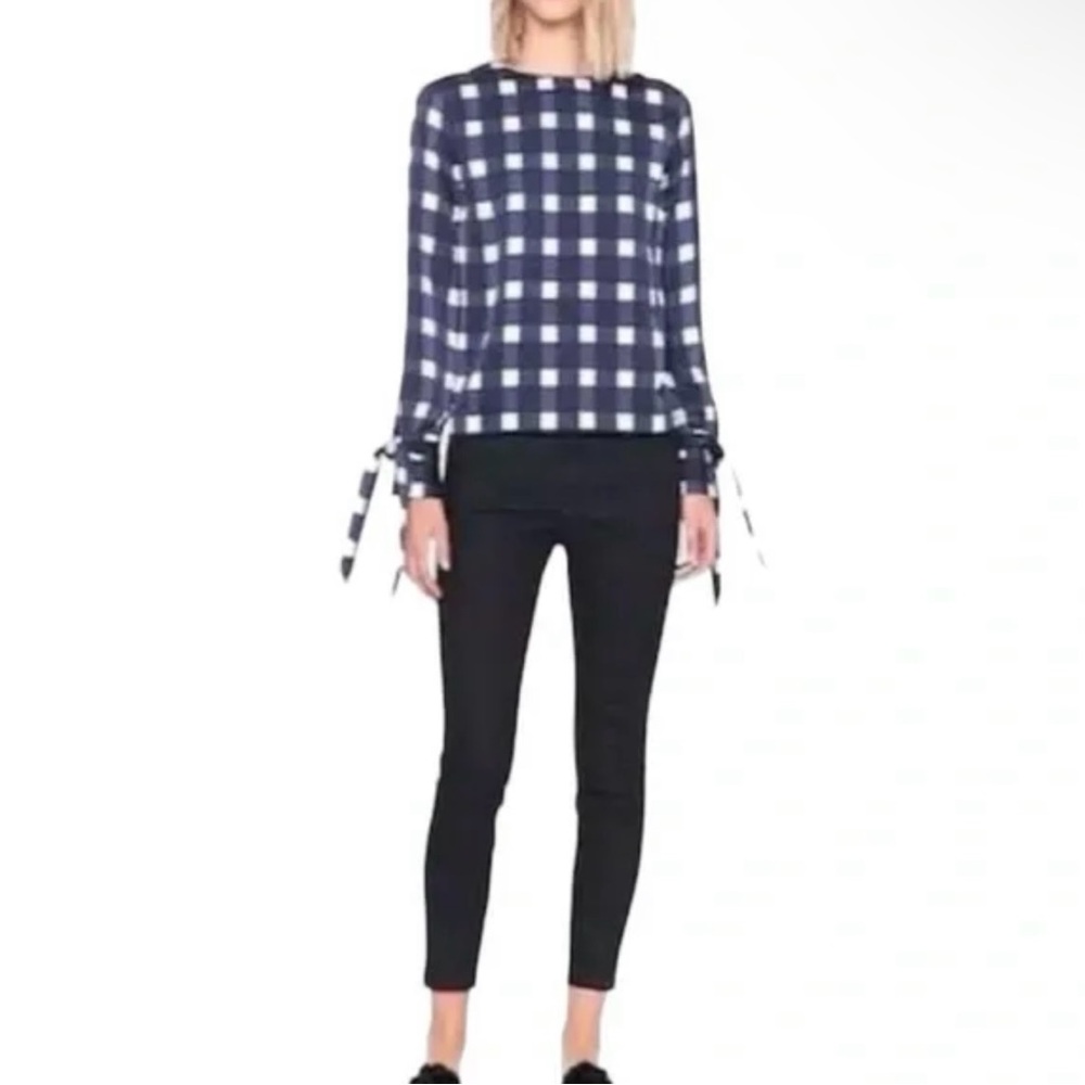 Banana Republic Women's Black Blue Grid Check Bow Long Sleeve Top M